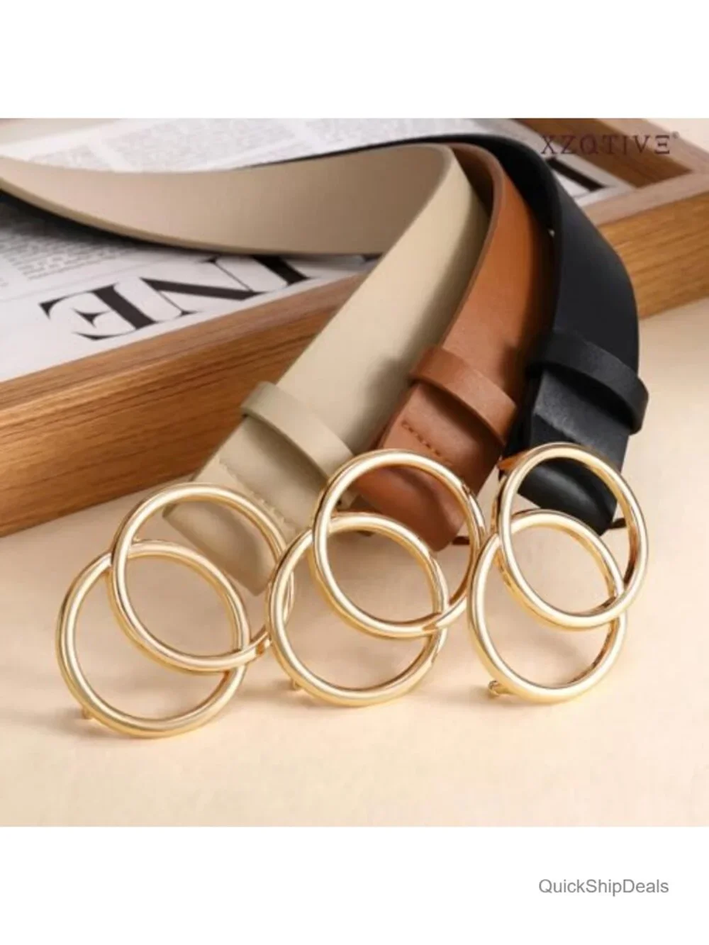 3 Pack Women's Faux Leather Belts Double O-Ring Gold Buckle